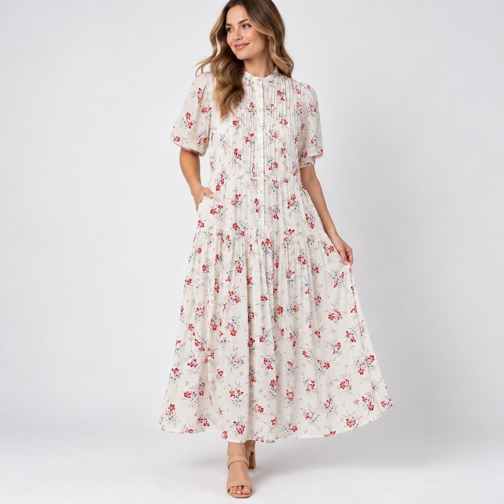 Gap x Doen Floral Maxi Dress Womens M Ivory Pleated Victorian Boho Cotton Dainty